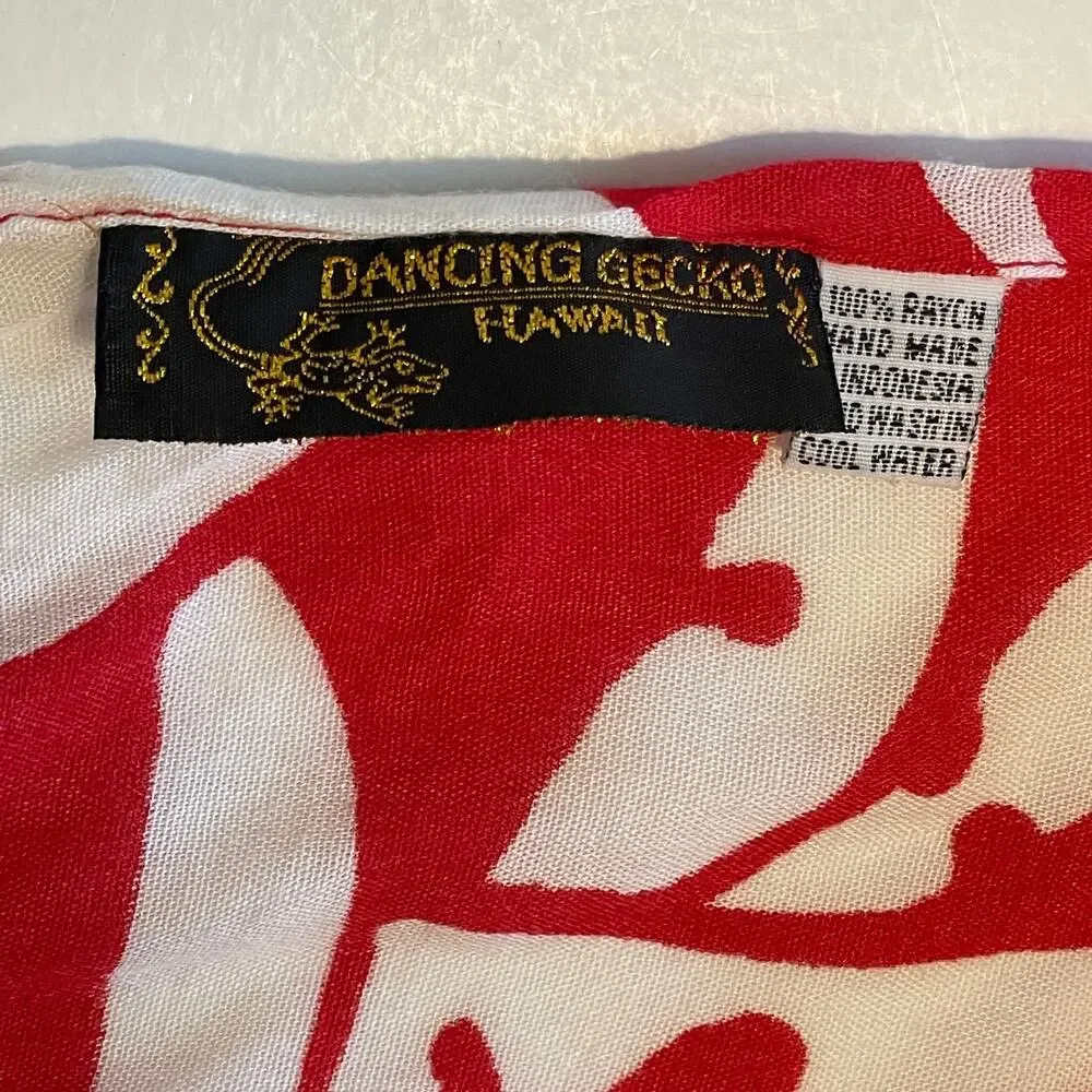 Dancing Gecko Hawaii Tropical Scarf Womens Red White Rectangle Fringed Aloha